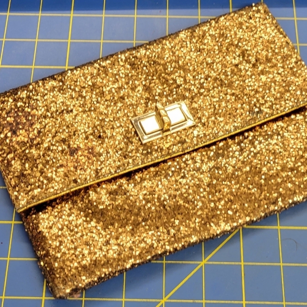 Bronze Glittered Purse 9" x 6" x 0.5" w Polka Dot Lining